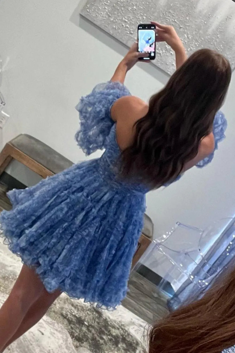 Blue Puff Sleeves Ruffles A-line Prints Homecoming Dress, Blue / 0 Blue Puff Sleeves Ruffles A-line Prints Homecoming Dress, Blue / 0