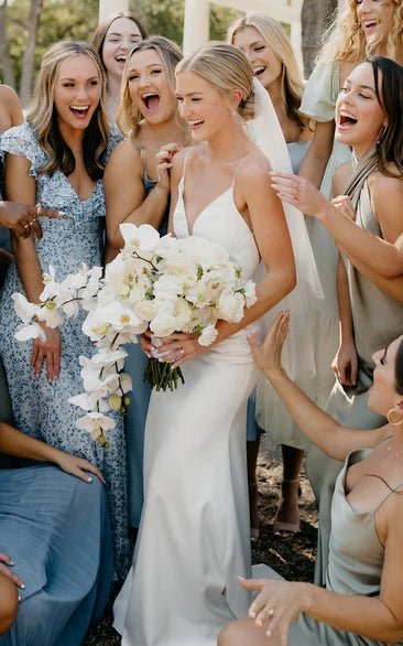 Sexy Plunging Neckline Mermaid Satin Wedding Dress With Sweep Train
