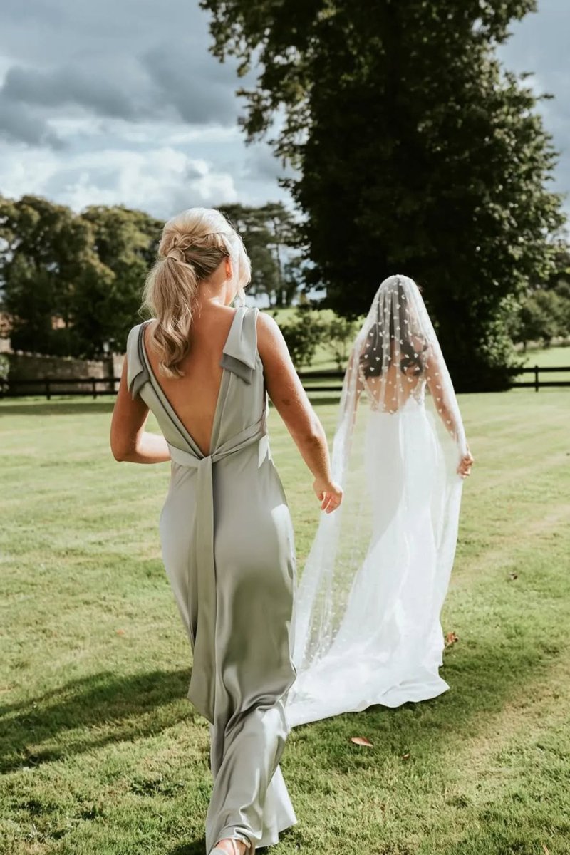 Sheath V Neck Sage Green Silk Satin Bridesmaid Dress with Bow