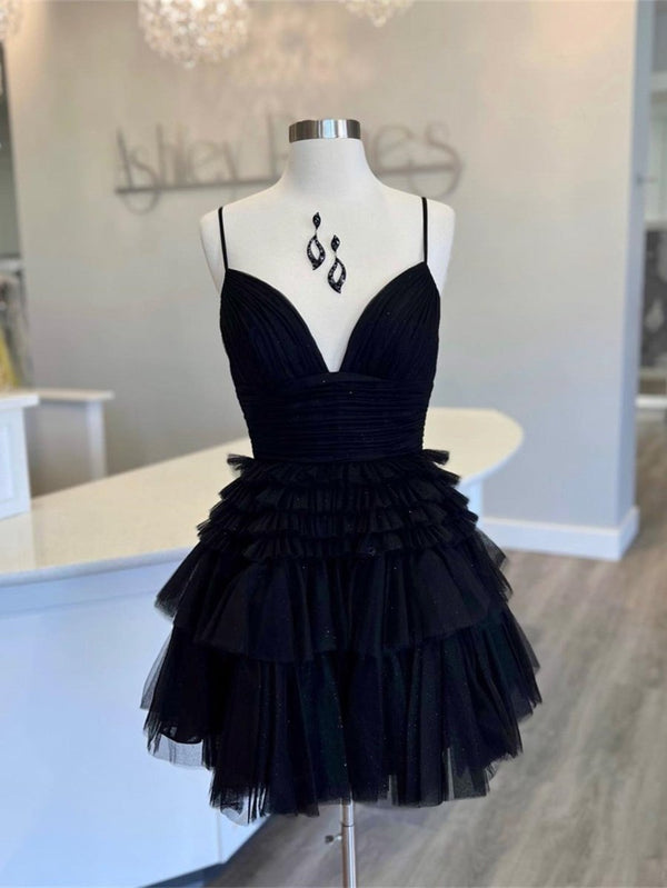 A-Line Deep V Neck Tiered Short Homecoming Dress - KissProm