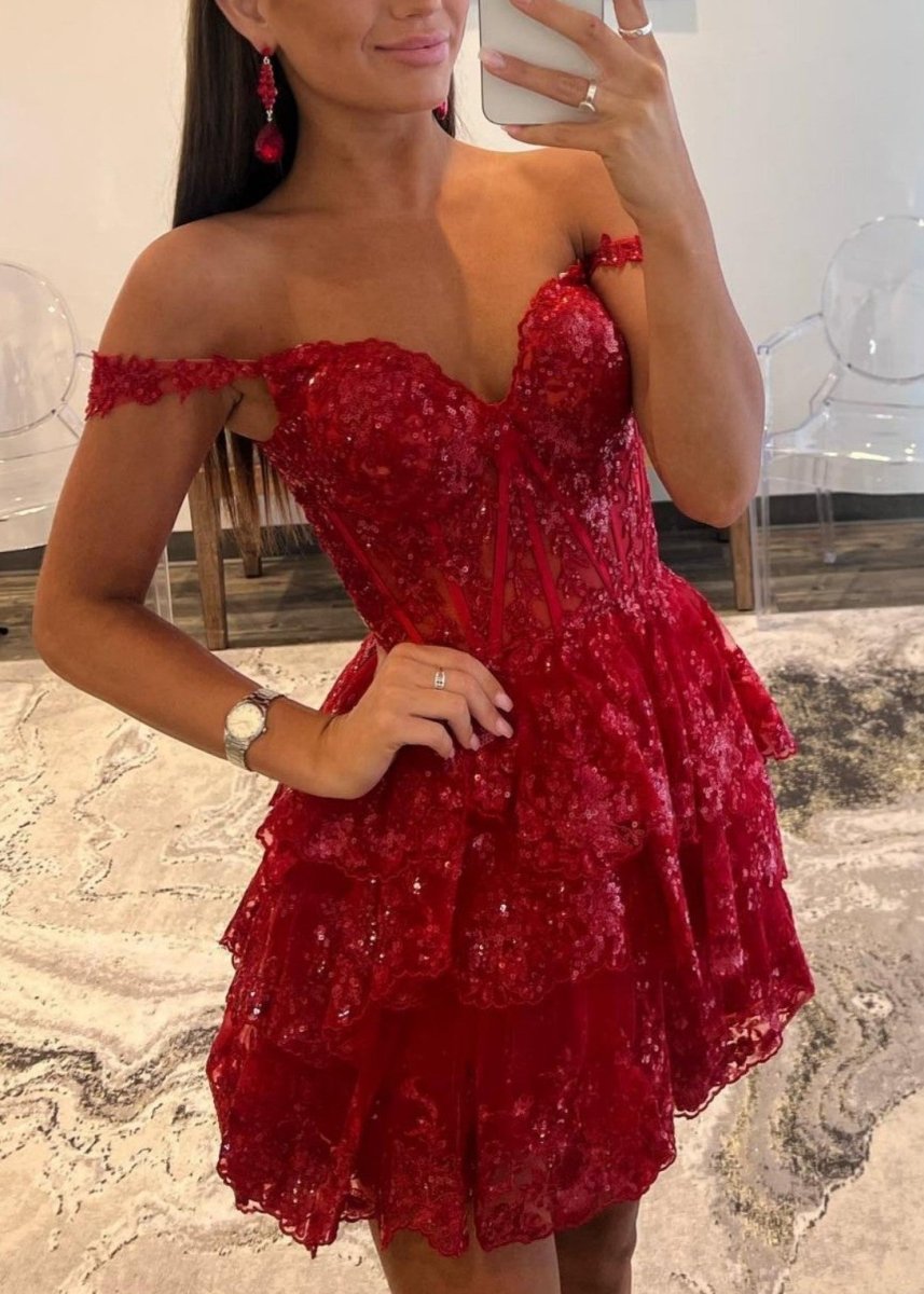 Everly | Burgundy - A-Line Sweetheart Tiered Short Homecoming Dress