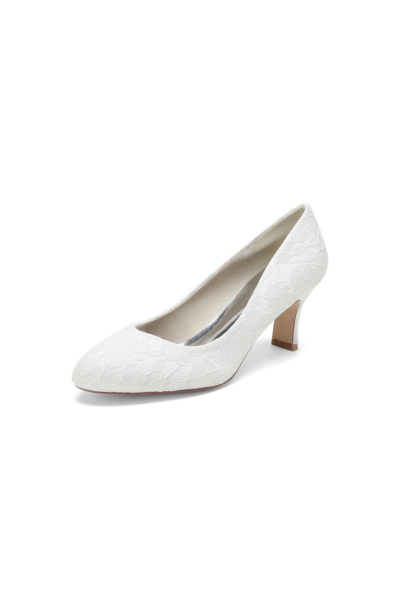 Elegant White Lace High Heels with Wooden Heel - KissProm