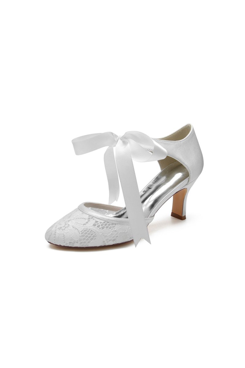 Elegant White Lace High Heels with Bow Accent - KissProm