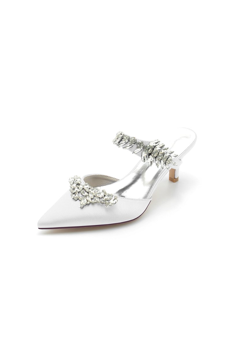 Satin Pointed Toe Mules with Crystal Rhinestone - KissProm