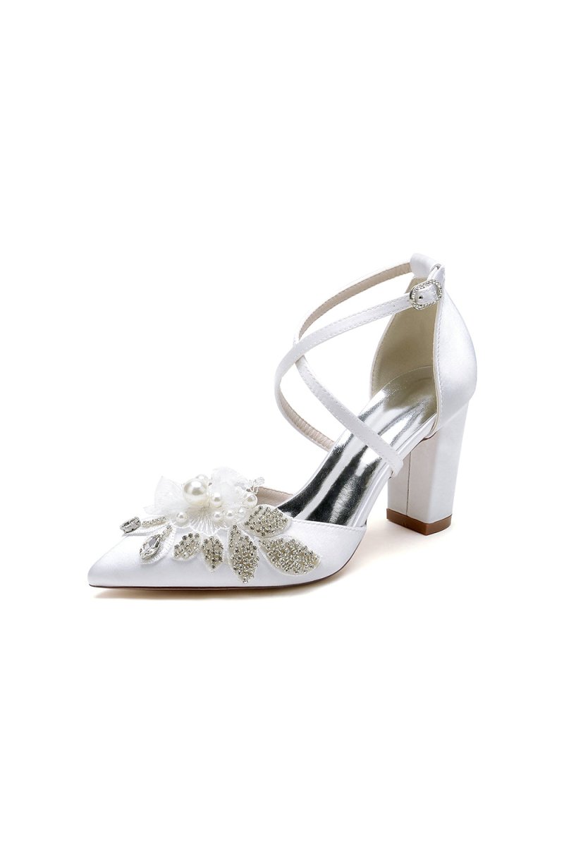 White Silk Pump with Handcrafted Flower and Crystal Embellishments - KissProm