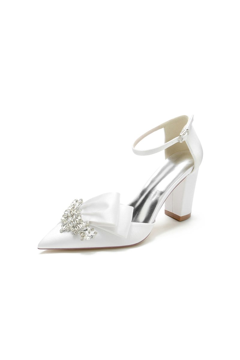 White Satin Heels Featuring a Large Decorative Bow and Metallic Heel - KissProm