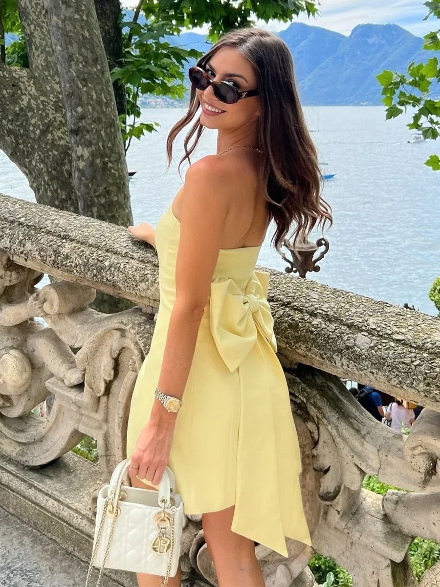 Dali | Yellow - Strapless Sheath Satin Short Cocktail Dresses With Bow
