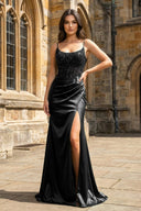 Green Sheer Appliques Satin Mermaid Long Prom Dress - KissProm