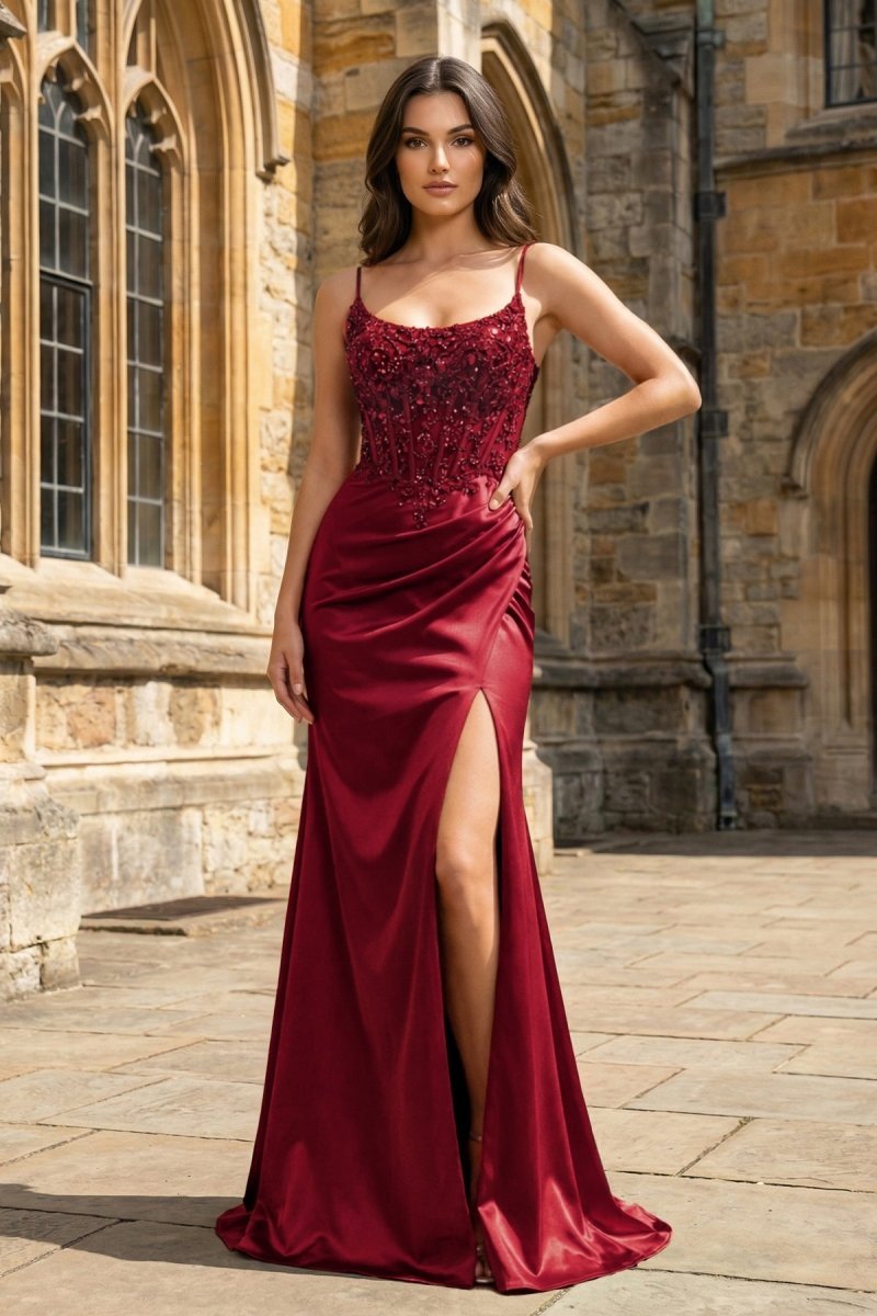 Green Sheer Appliques Satin Mermaid Long Prom Dress