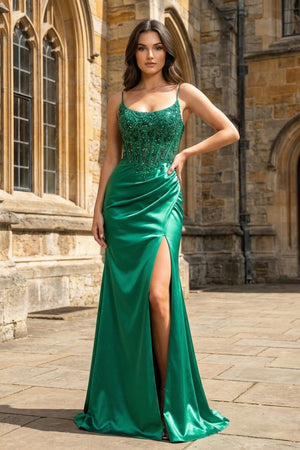 Green Sheer Appliques Satin Mermaid Long Prom Dress - KissProm