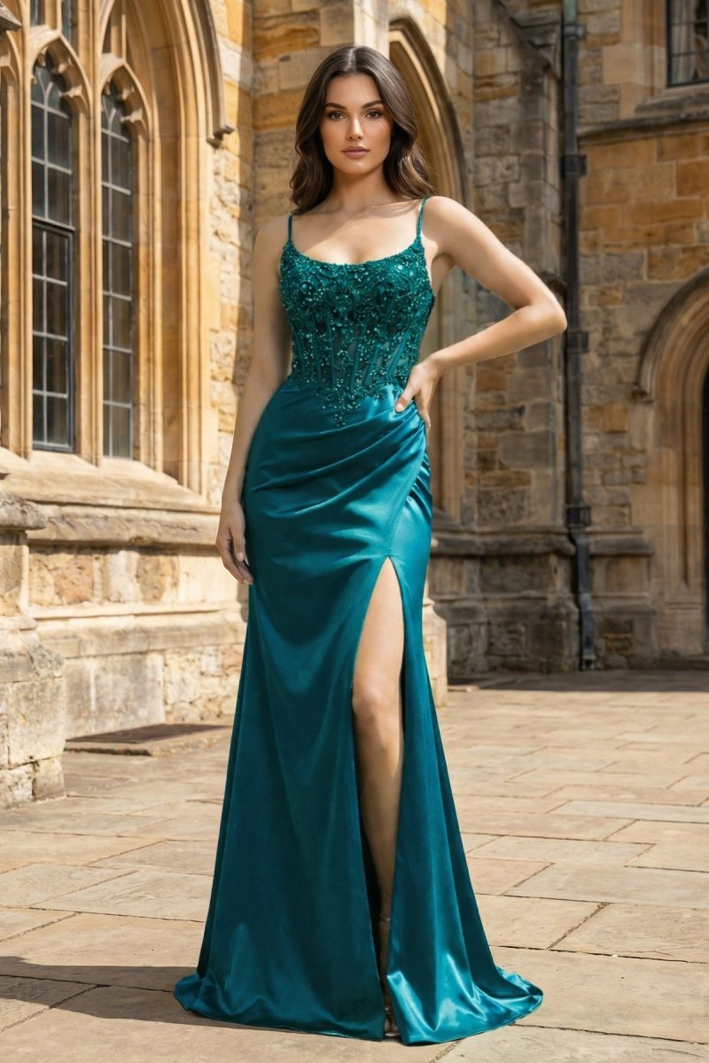 KissProm Green Sheer Appliques Satin Mermaid Long Prom Dress, Navy Blue / 6