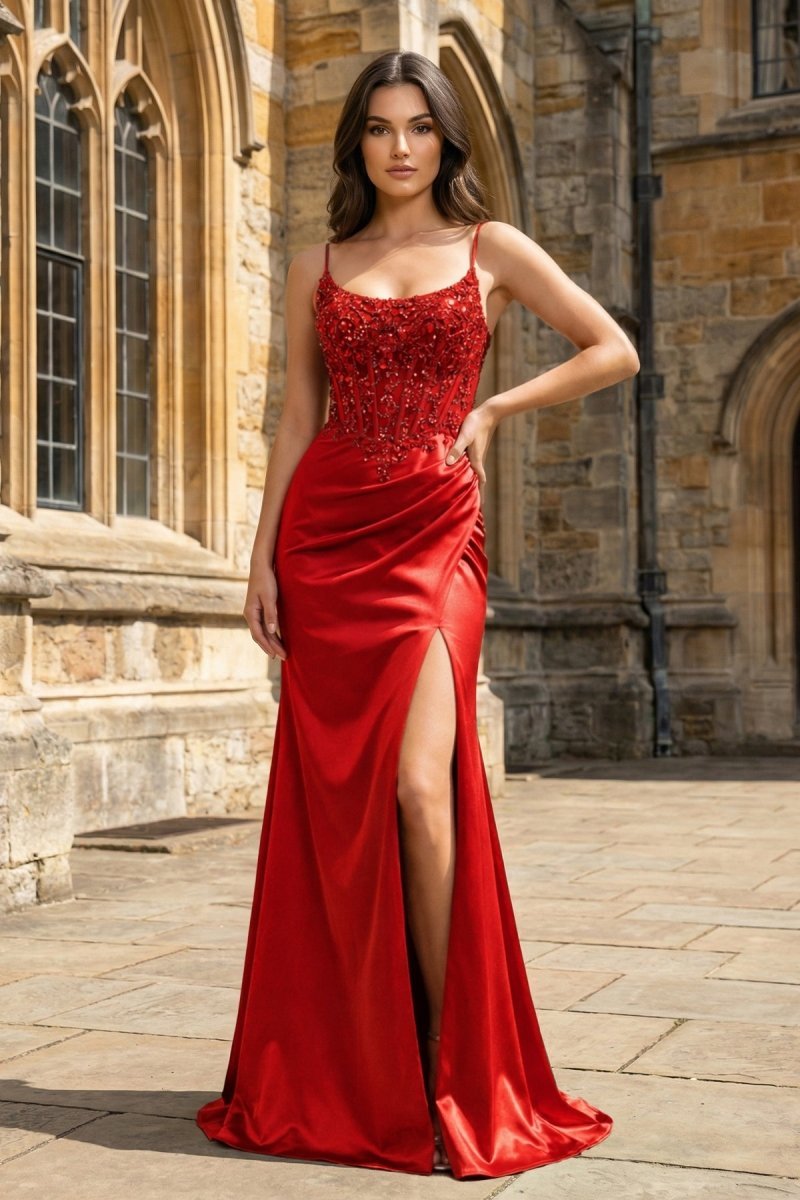 Green Sheer Appliques Satin Mermaid Long Prom Dress