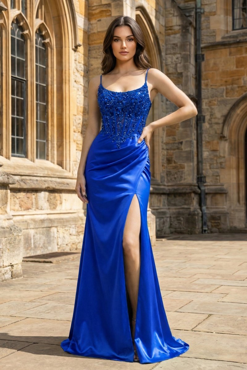 Green Sheer Appliques Satin Mermaid Long Prom Dress