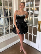 Damiana | Black - A Line Scoop Neck Corset Beaded Short Homecoming Dresses - KissProm
