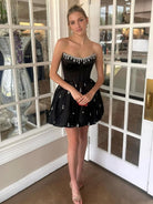 Damiana | Black - A Line Scoop Neck Corset Beaded Short Homecoming Dresses - KissProm