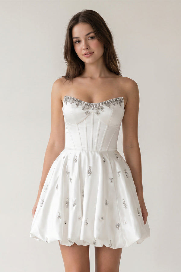White - A Line Scoop Neck Corset Beaded Short Homecoming Dresses-KISSPROM