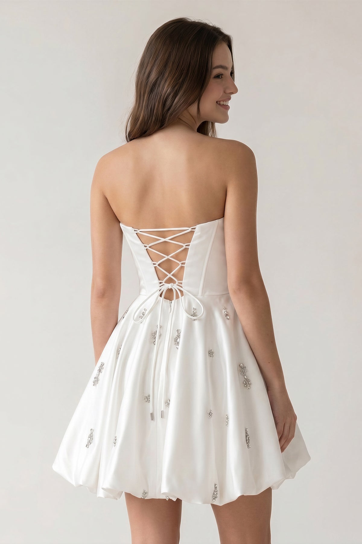KissProm White A Line Scoop Neck Corset Beaded Short Homecoming Dresses, White / 00