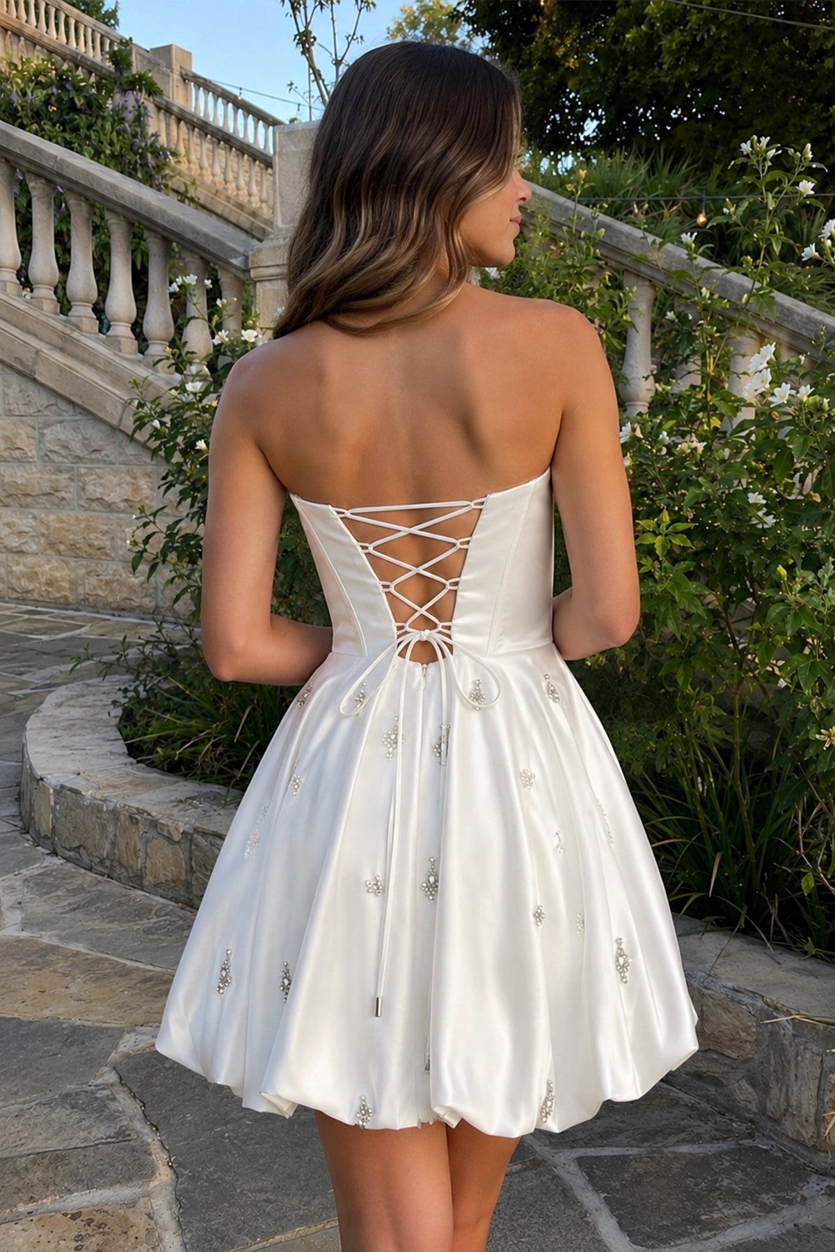 KissProm White A Line Scoop Neck Corset Beaded Short Homecoming Dresses, White / 00