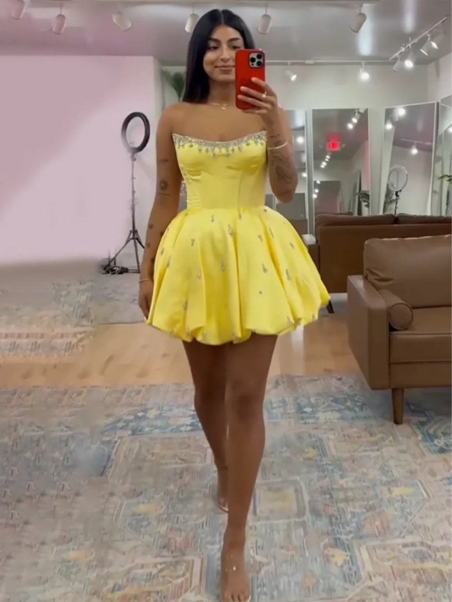 Damiana | Yellow - A Line Scoop Neck Corset Beaded Short Homecoming Dresses