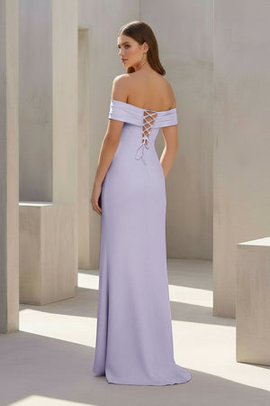 Pink Off The Shoulder Sheath Satin Pleated Long Formal Prom Dresses With Slit – Prom Dress by KissProm | Available at KissProm