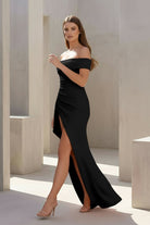 Danyah | Pink - Off The Shoulder Sheath Satin Pleated Long Formal Prom Dresses With Slit - KissProm