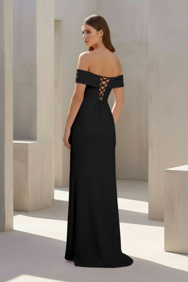 Danyah | Pink - Off The Shoulder Sheath Satin Pleated Long Formal Prom Dresses With Slit - KissProm