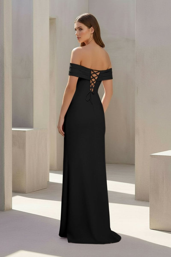 Danyah | Pink - Off The Shoulder Sheath Satin Pleated Long Formal Prom Dresses With Slit - KissProm