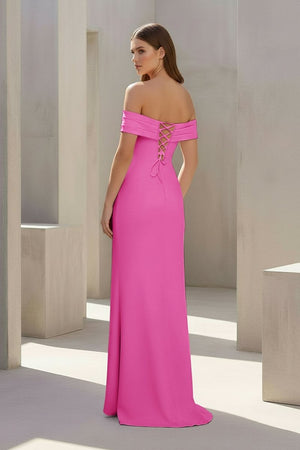 Danyah | Pink - Off The Shoulder Sheath Satin Pleated Long Formal Prom Dresses With Slit - KissProm