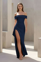 Danyah | Pink - Off The Shoulder Sheath Satin Pleated Long Formal Prom Dresses With Slit - KissProm