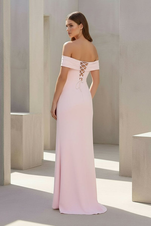 Danyah | Pink - Off The Shoulder Sheath Satin Pleated Long Formal Prom Dresses With Slit - KissProm
