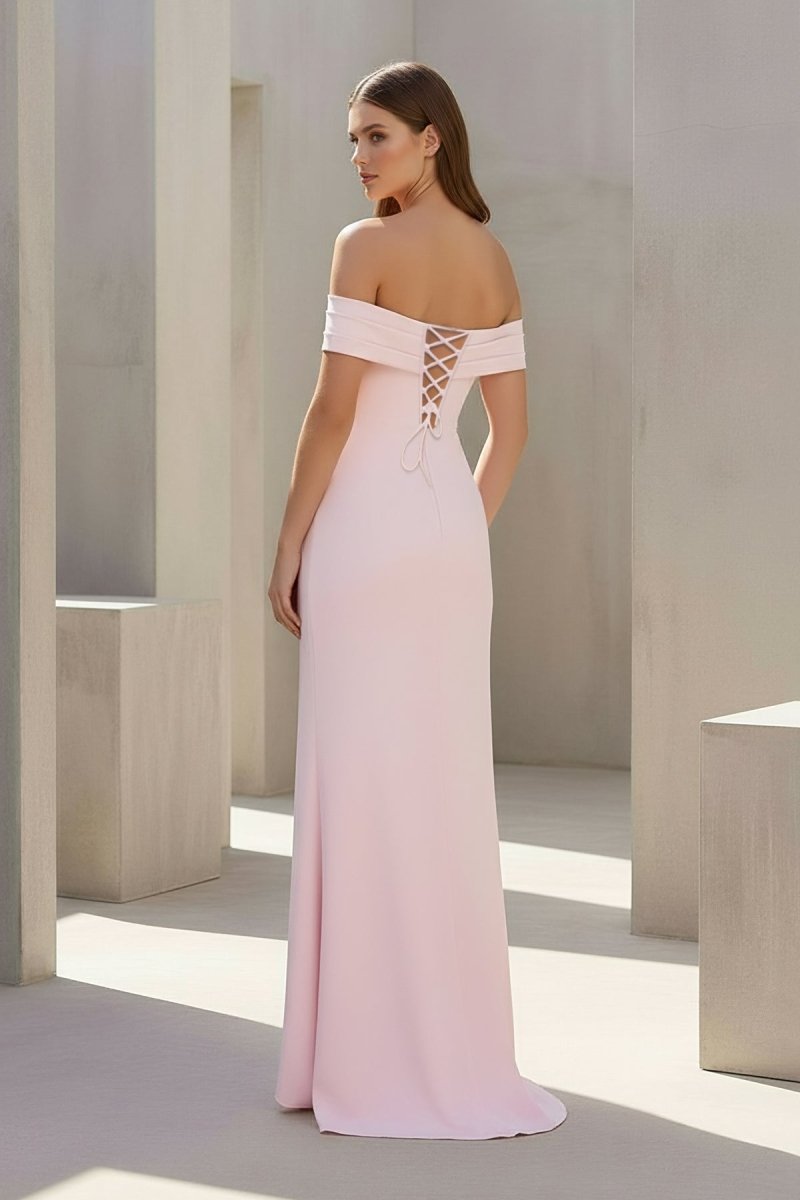 Danyah | Pink - Off The Shoulder Sheath Satin Pleated Long Formal Prom Dresses With Slit - KissProm