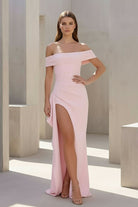 Danyah | Pink - Off The Shoulder Sheath Satin Pleated Long Formal Prom Dresses With Slit - KissProm
