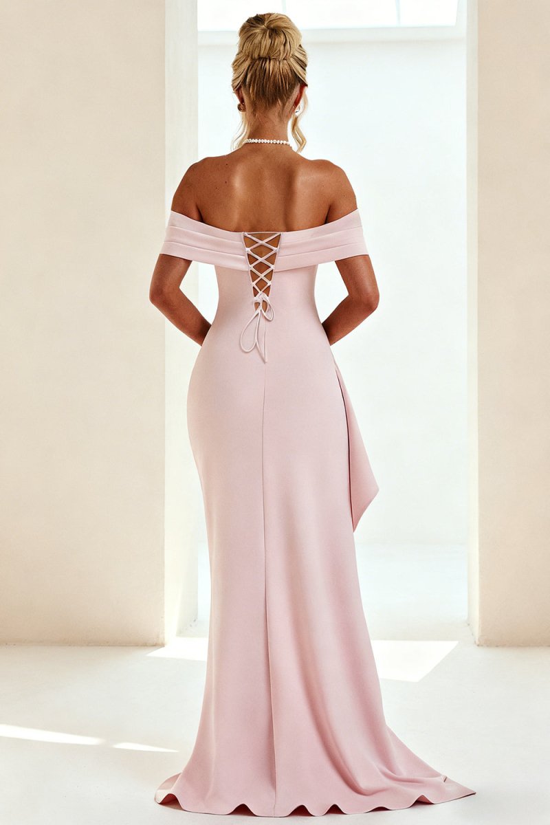 Danyah | Pink - Off The Shoulder Sheath Satin Pleated Long Formal Prom Dresses With Slit - KissProm