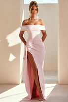 Danyah | Pink - Off The Shoulder Sheath Satin Pleated Long Formal Prom Dresses With Slit - KissProm