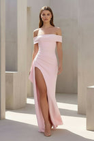 Danyah | Pink - Off The Shoulder Sheath Satin Pleated Long Formal Prom Dresses With Slit - KissProm