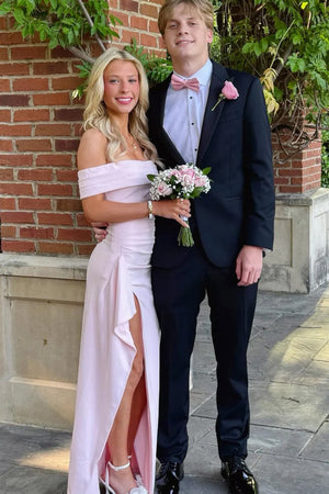 Danyah | Pink - Off The Shoulder Sheath Satin Pleated Long Formal Prom Dresses With Slit - KissProm