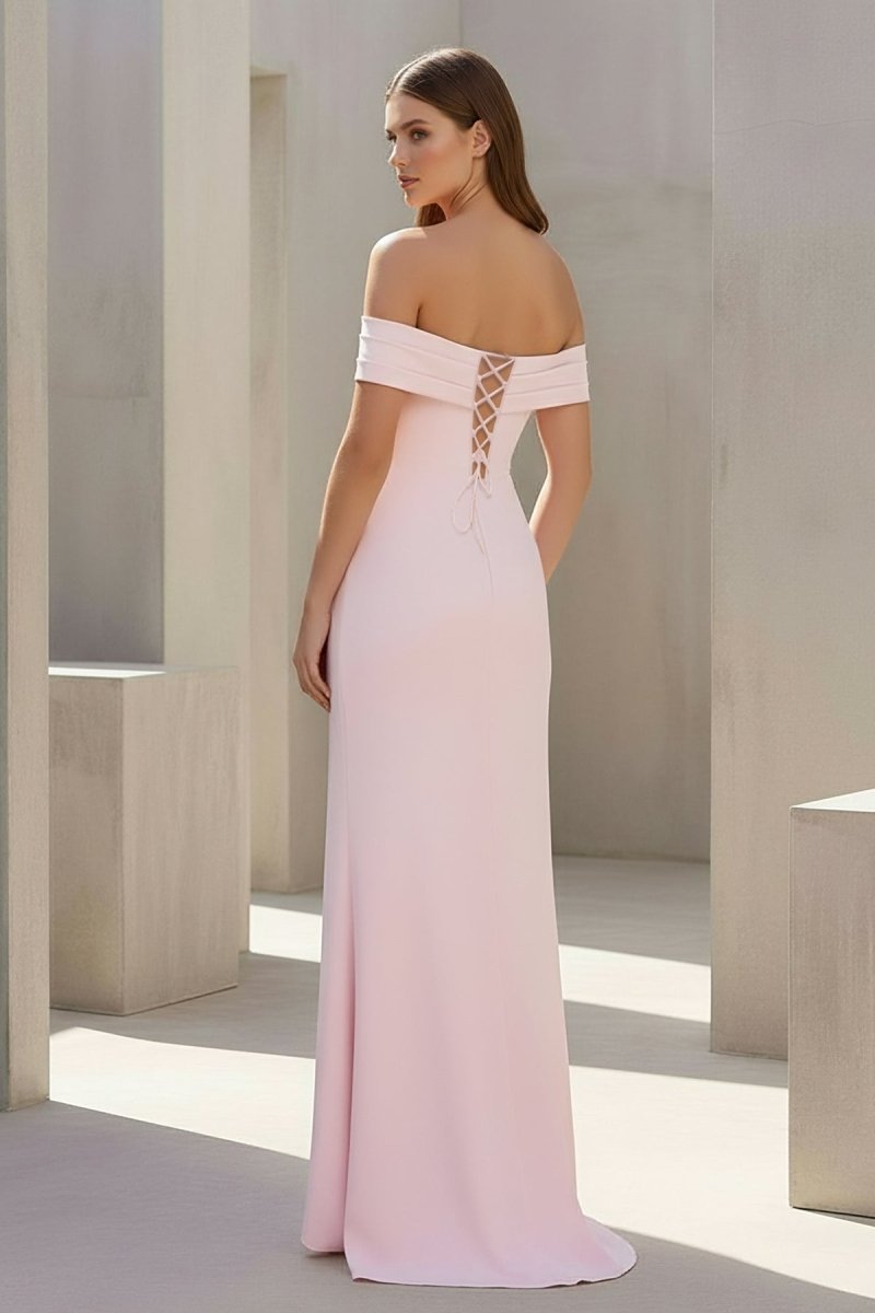 Danyah | Pink - Off The Shoulder Sheath Satin Pleated Long Formal Prom Dresses With Slit - KissProm
