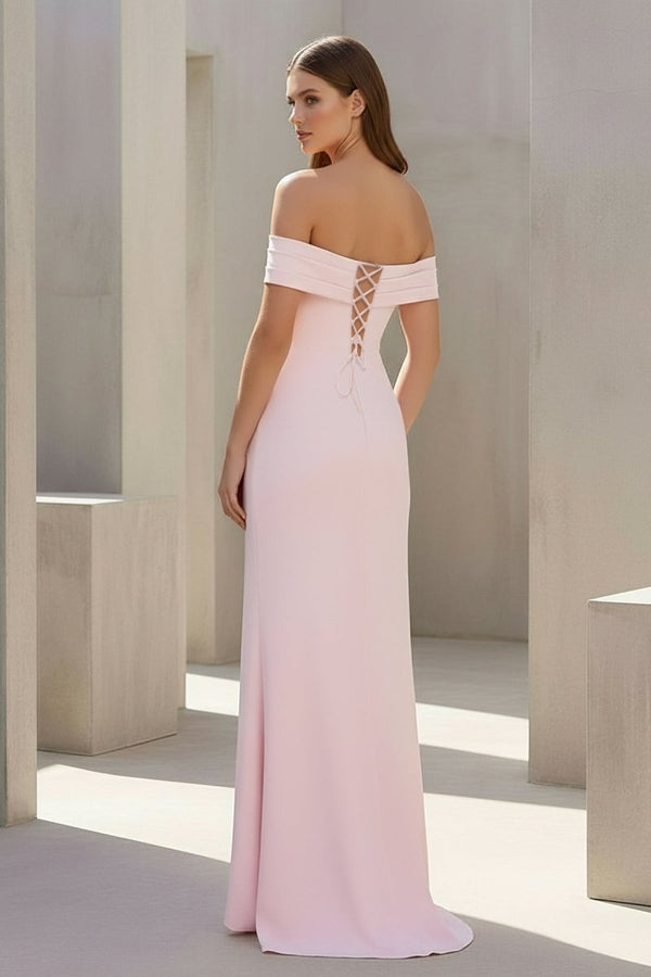 Danyah | Pink - Off The Shoulder Sheath Satin Pleated Long Formal Prom Dresses With Slit - KissProm