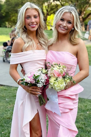 Danyah | Pink - Off The Shoulder Sheath Satin Pleated Long Formal Prom Dresses With Slit - KissProm