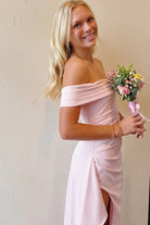Danyah | Pink - Off The Shoulder Sheath Satin Pleated Long Formal Prom Dresses With Slit - KissProm