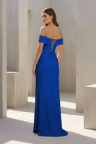 Danyah | Pink - Off The Shoulder Sheath Satin Pleated Long Formal Prom Dresses With Slit - KissProm