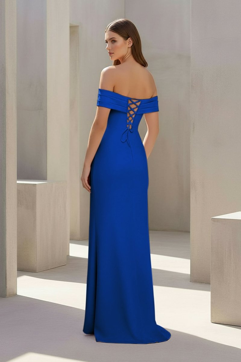 Danyah | Pink - Off The Shoulder Sheath Satin Pleated Long Formal Prom Dresses With Slit - KissProm