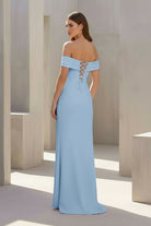 Danyah | Pink - Off The Shoulder Sheath Satin Pleated Long Formal Prom Dresses With Slit - KissProm