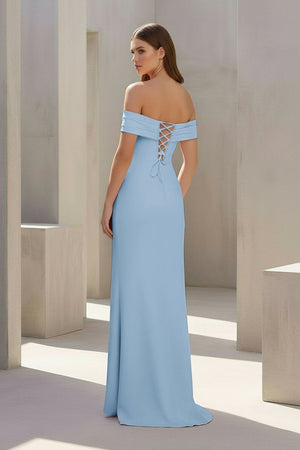 Pink Off The Shoulder Sheath Satin Pleated Long Formal Prom Dresses With Slit – Prom Dress by KissProm | Available at KissProm