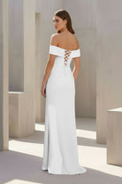 Danyah | Pink - Off The Shoulder Sheath Satin Pleated Long Formal Prom Dresses With Slit - KissProm