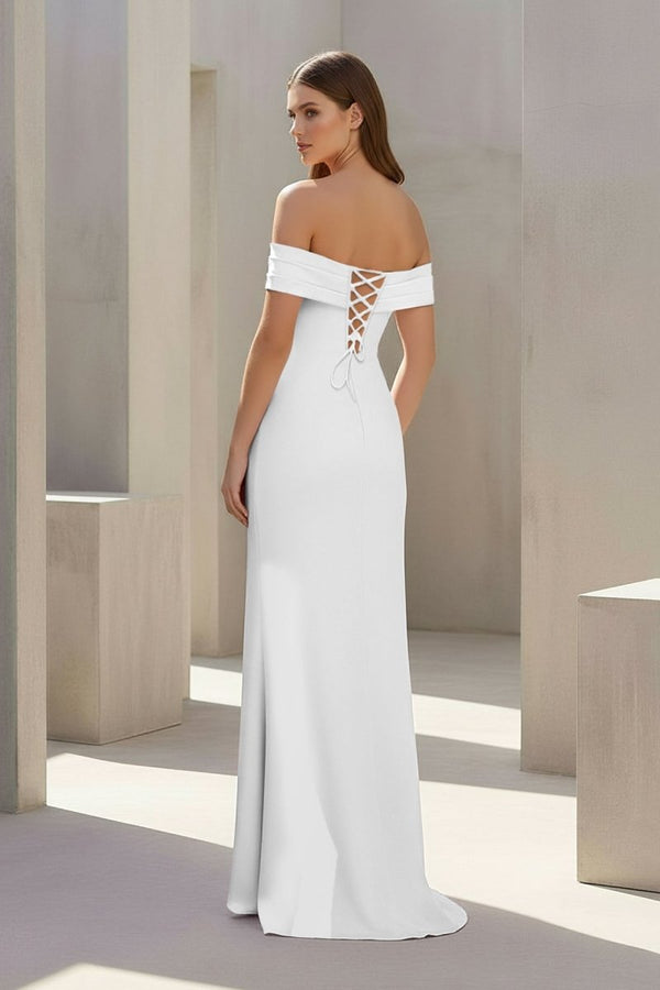 Danyah | Pink - Off The Shoulder Sheath Satin Pleated Long Formal Prom Dresses With Slit - KissProm