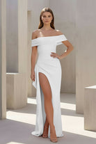 Danyah | Pink - Off The Shoulder Sheath Satin Pleated Long Formal Prom Dresses With Slit - KissProm