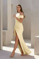 Danyah | Pink - Off The Shoulder Sheath Satin Pleated Long Formal Prom Dresses With Slit - KissProm