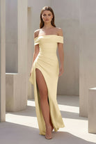 Danyah | Pink - Off The Shoulder Sheath Satin Pleated Long Formal Prom Dresses With Slit - KissProm