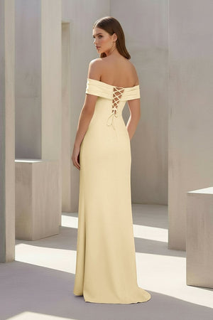 Pink Off The Shoulder Sheath Satin Pleated Long Formal Prom Dresses With Slit – Prom Dress by KissProm | Available at KissProm
